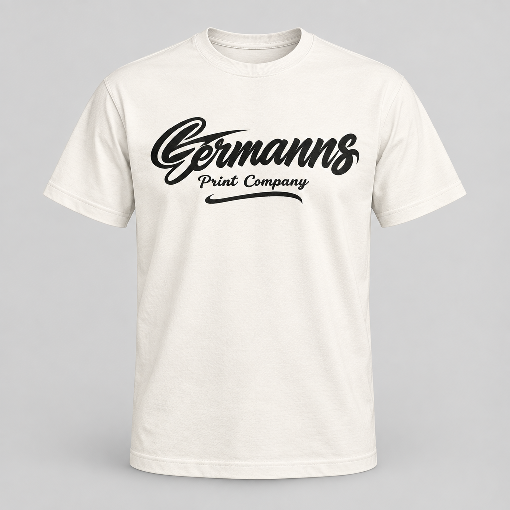 Generated mockup of a warm-white T-shirt with the dark Germanns Print Company logo centered on the chest.